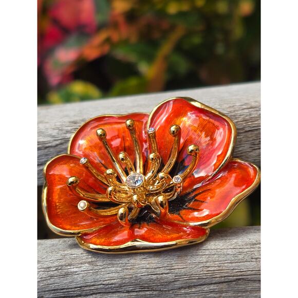Vintage Monet Orange Enamel & Rhinestone Flower Brooch Pin, Gold Tone - Picture 3 of 10